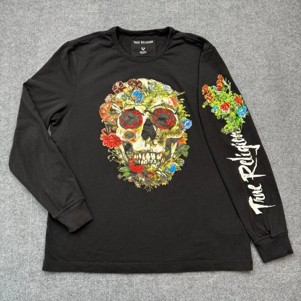 RARE True Religion Skull Bloom Flowers Sugar Skull Long Sleeve Tee Black Mens XL